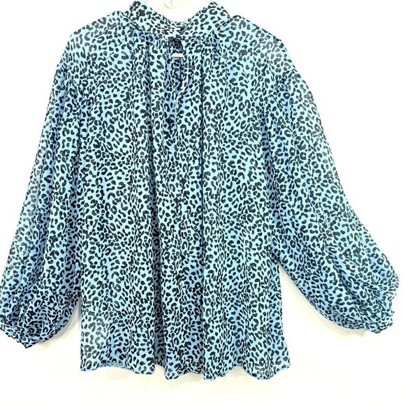 ASOS Blue Black Cheetah Print Semi Sheer Oversized Puff Sleeve Flowy Poet Blouse - Picture 9 of 16